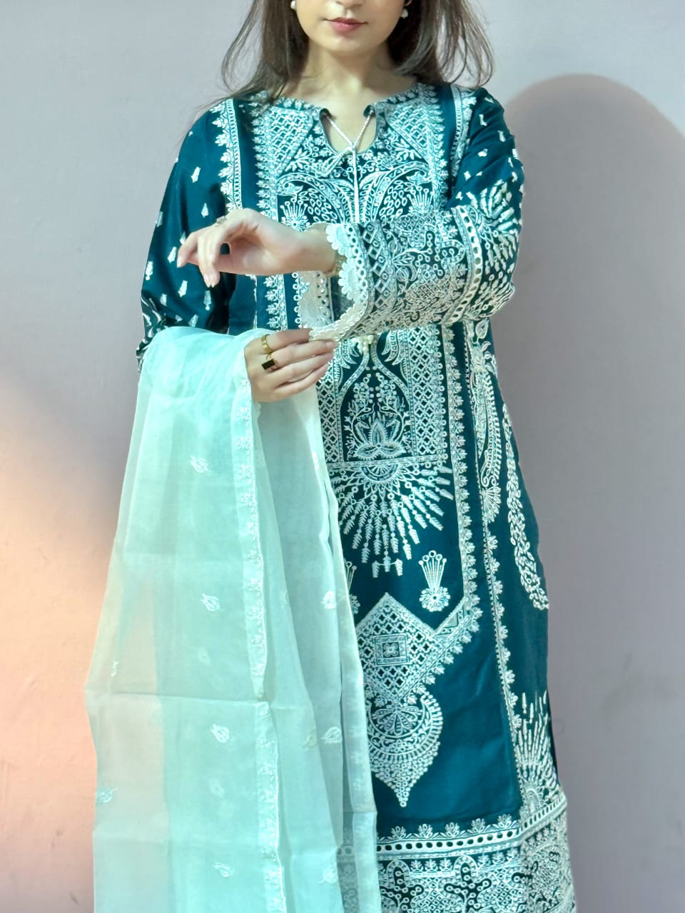3 Piece – White Viscose Embroidered suit