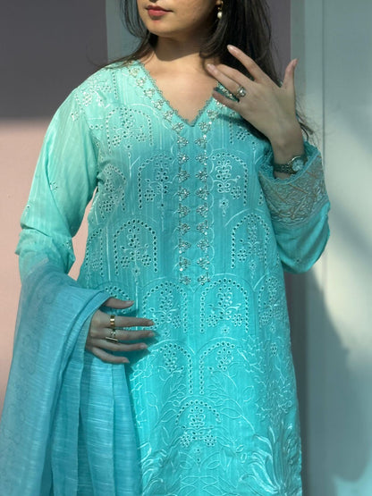 3 Piece – White Viscose Embroidered Suit