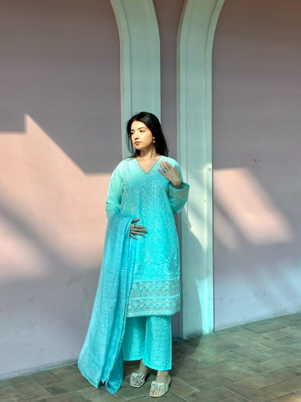 3 Piece – White Viscose Embroidered Suit