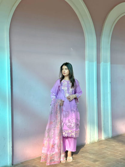 3 Piece  – Schiffli Viscose Embroidered Suit